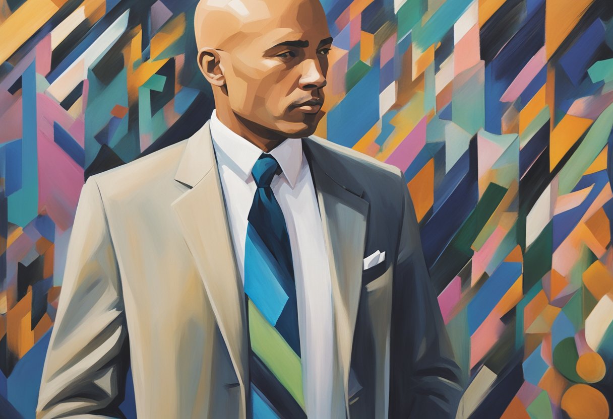 A man with a cancer awareness ribbon on his lapel receives career transition guidance from a professional mentor