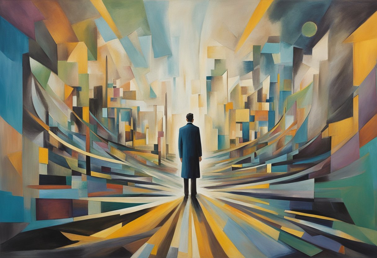 A man standing at a crossroads, looking towards a path of growth and learning. Symbols of transition and guidance surround him