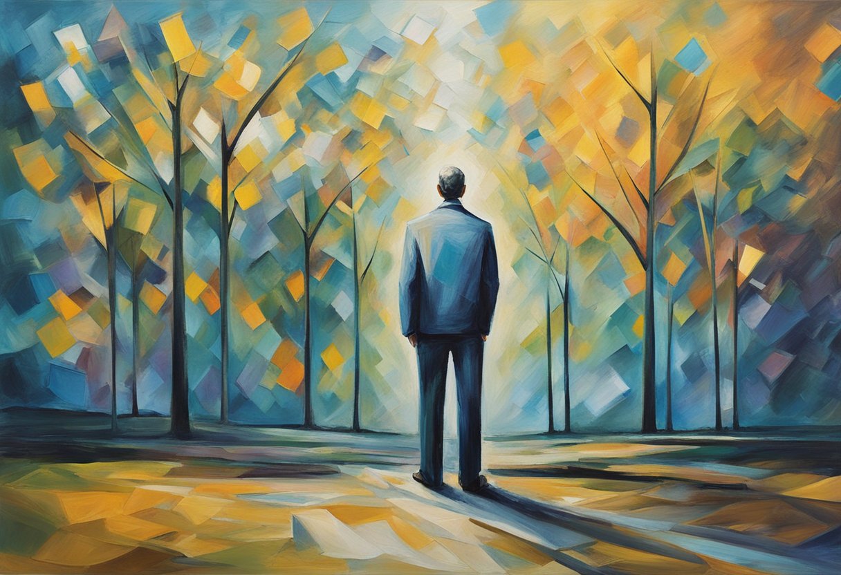 A man stands at a crossroads, one path leading to recovery and the other to empowerment. A beacon of light shines ahead, guiding him through his career transition as a cancer thriver