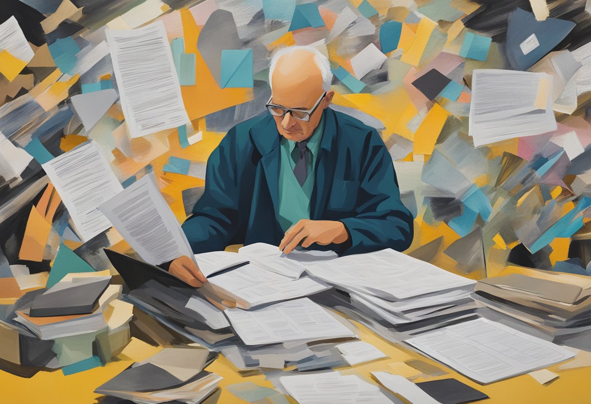 A cancer warrior reviews insurance documents, surrounded by medical resources