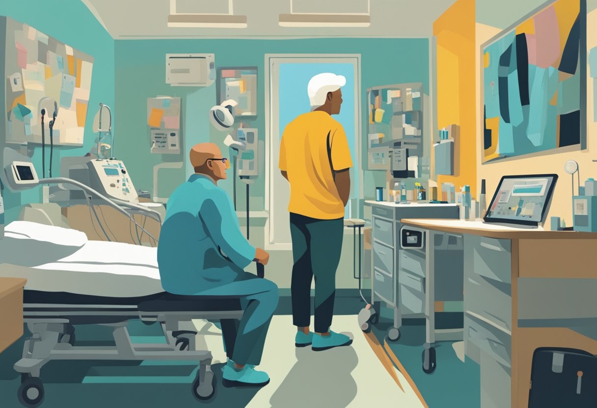 A man sits in a hospital room, surrounded by medical equipment. He looks at himself in the mirror, repeating positive affirmations to boost his spirits as a cancer survivor