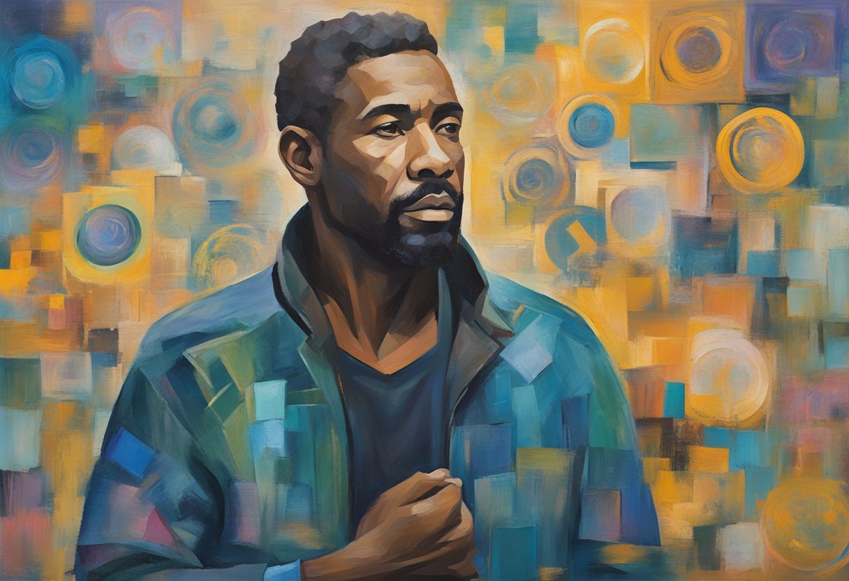 A man stands confidently, surrounded by supportive words and affirmations. He radiates strength and resilience, embodying the spirit of a cancer survivor