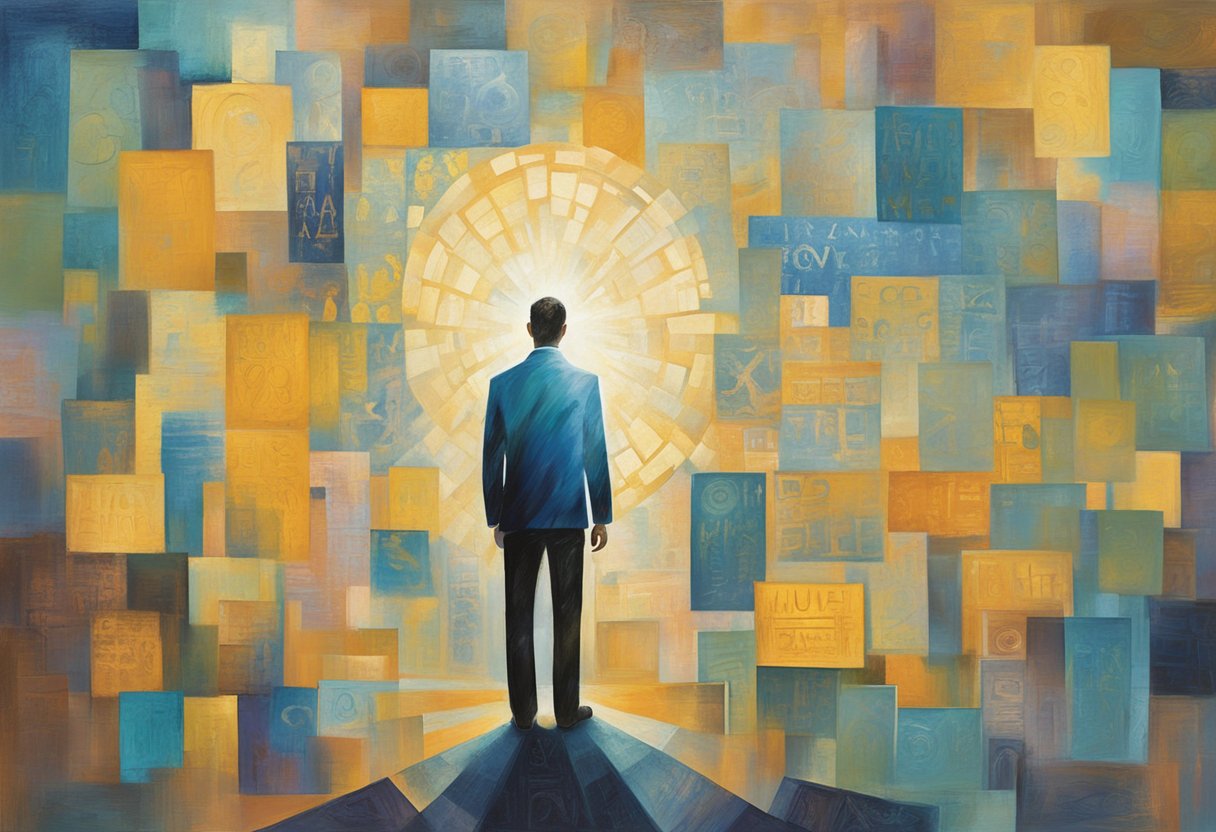 A man stands tall, surrounded by supportive words and affirmations. A bright light shines on him, symbolizing hope and strength