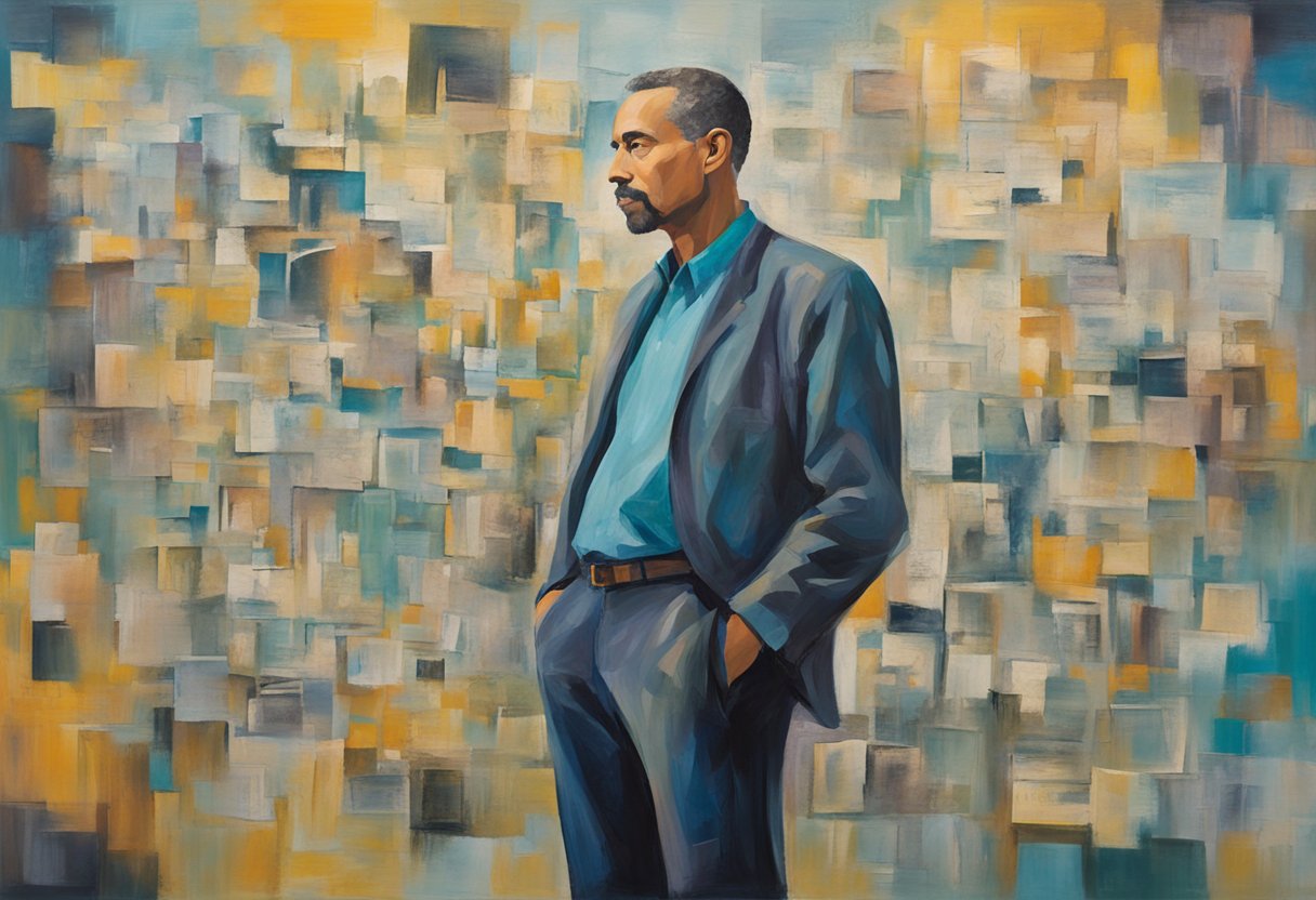 A man stands confidently, surrounded by supportive words. His posture exudes strength and resilience, reflecting the positive self-talk that has helped him overcome cancer