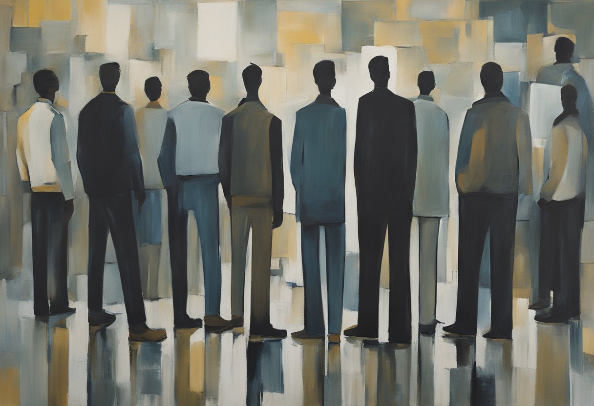 A group of people gather around a man, offering support and encouragement. The man stands tall, looking determined and confident as he engages in positive self-talk