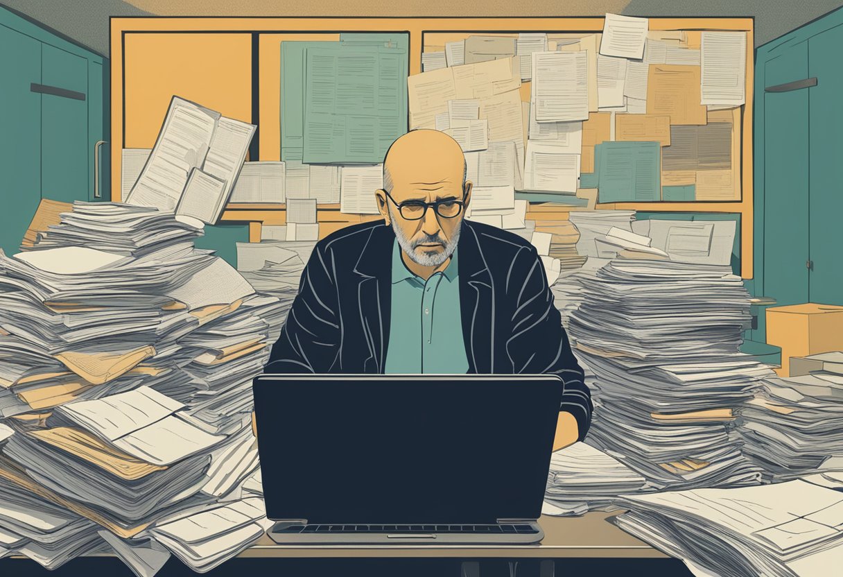 A man sits at a desk, surrounded by paperwork and a laptop. He looks determined as he navigates through insurance complexities for his cancer treatment