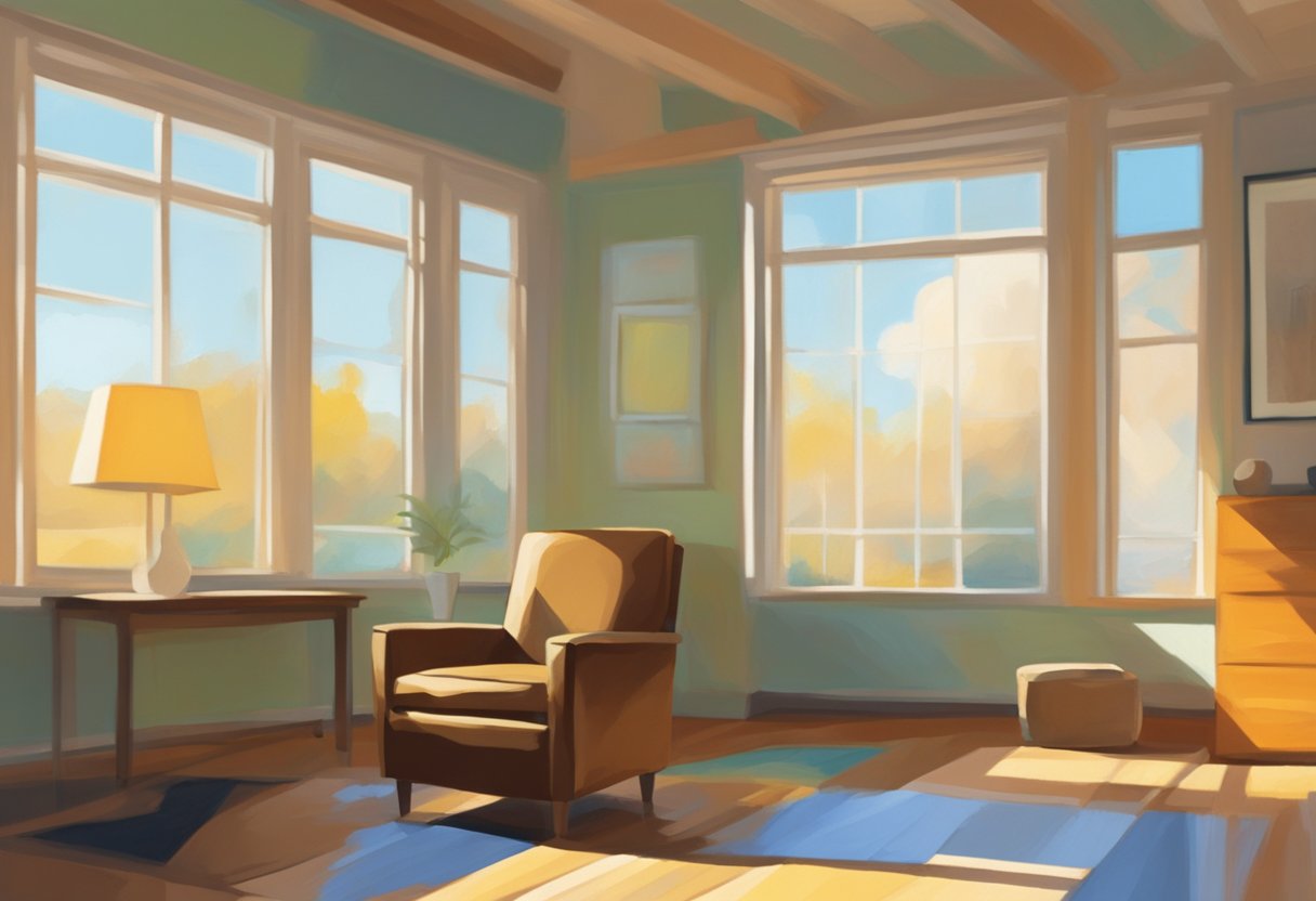 A serene, sunlit room with a comfortable chair, soft music, and a peaceful atmosphere for a male cancer thriver practicing visualization exercises