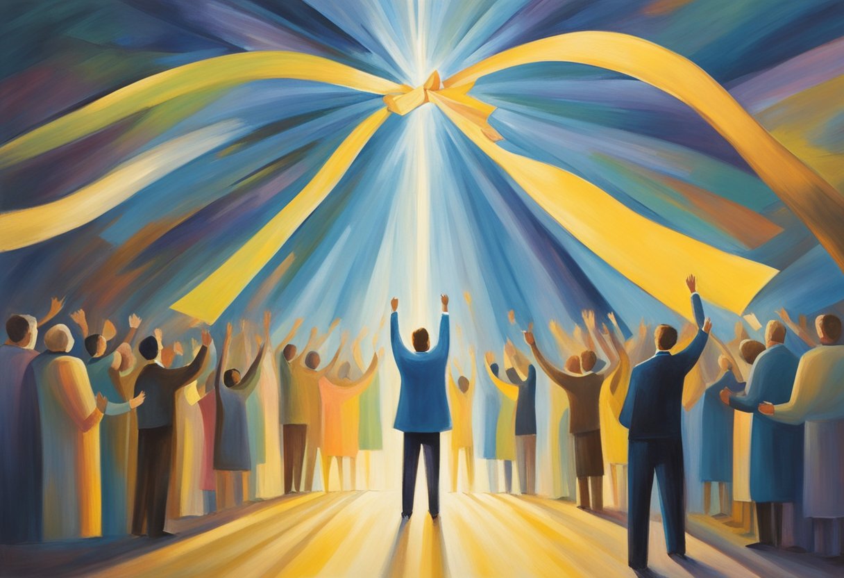 A man stands tall, surrounded by supportive friends. He holds a ribbon symbolizing his triumph over cancer. Rays of light shine down, illuminating his strength