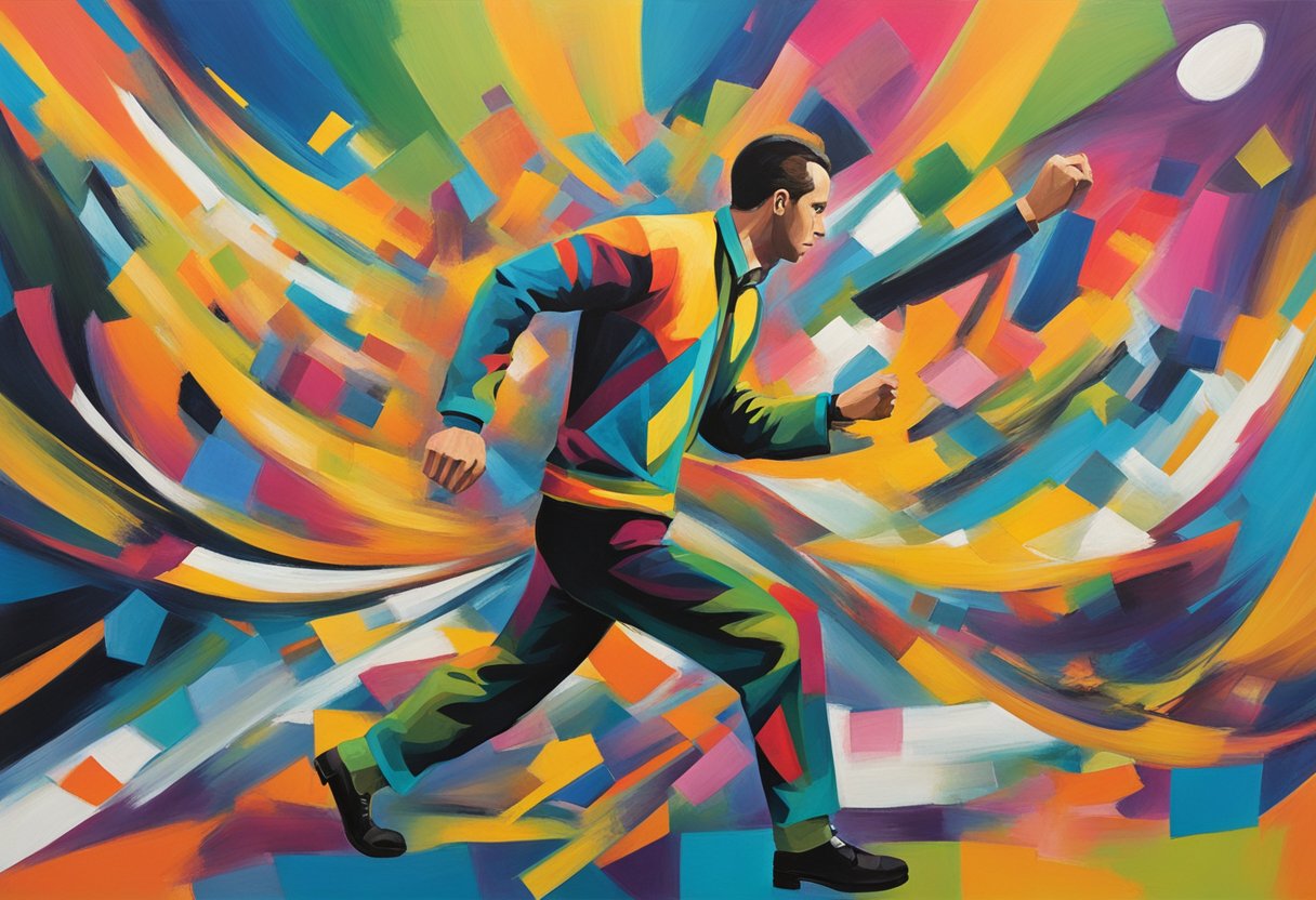 A man visualizes exercising, surrounded by vibrant colors and energy