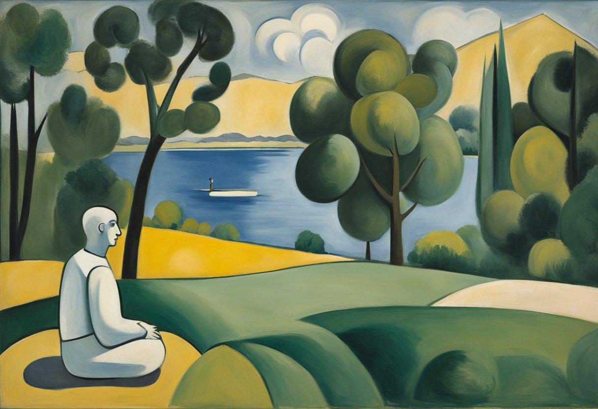 A serene landscape with a peaceful lake surrounded by lush greenery, a figure practicing yoga or meditation in the foreground
