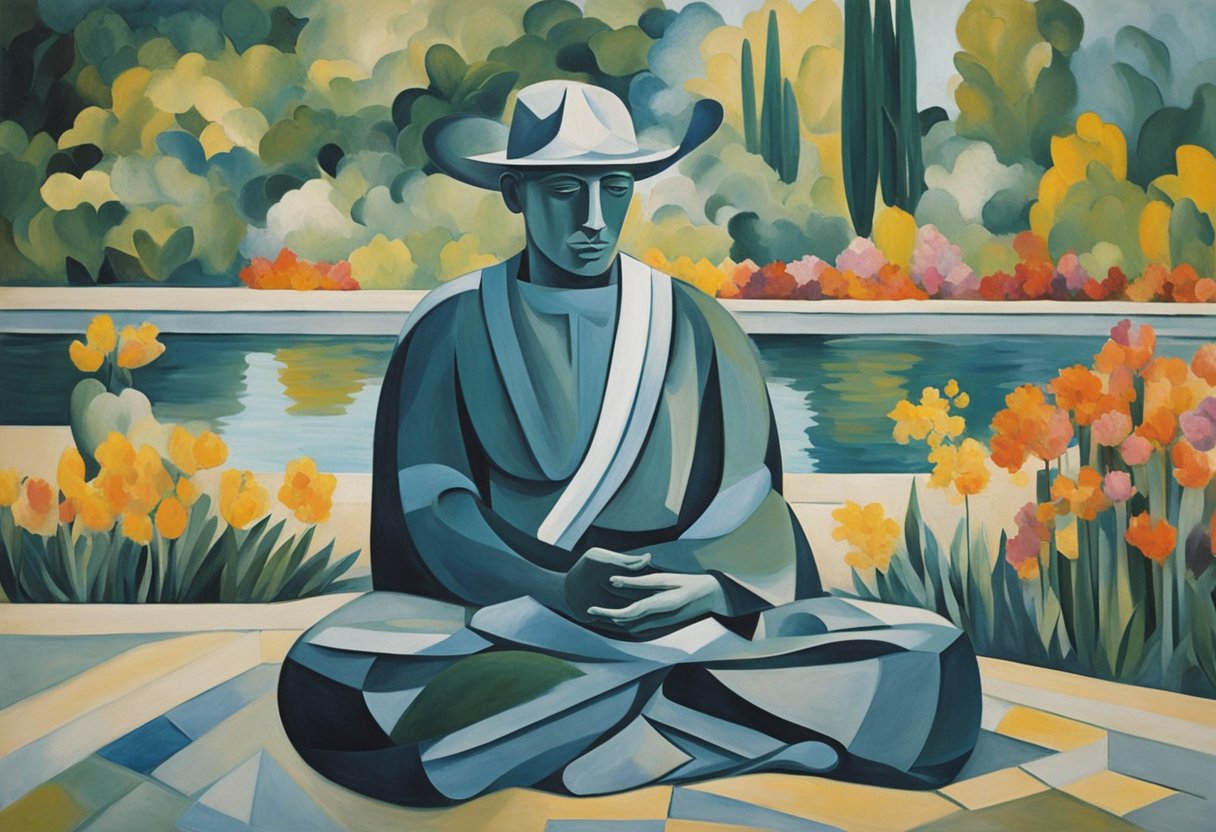 A serene figure meditates in a peaceful garden, surrounded by vibrant flowers and tranquil water. The atmosphere is calm and soothing, evoking a sense of inner peace and mental clarity