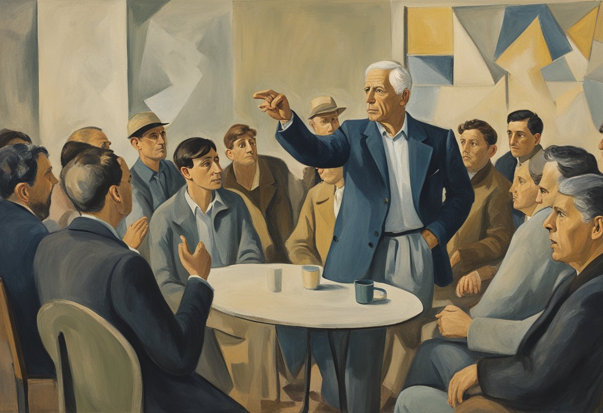 A man stands confidently, surrounded by a group of supportive friends. He gestures passionately while discussing stress management techniques during a cancer survivor support group debate