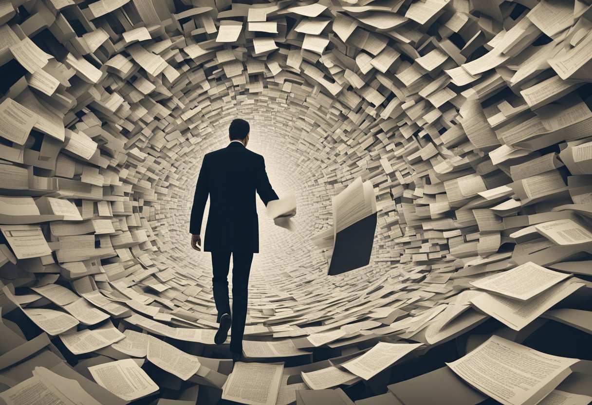 A man battles through a maze of insurance documents, determined and focused