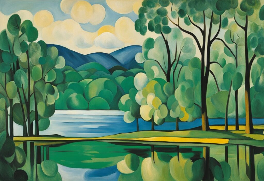 A serene nature scene with a calm lake, vibrant green trees, and a peaceful sky