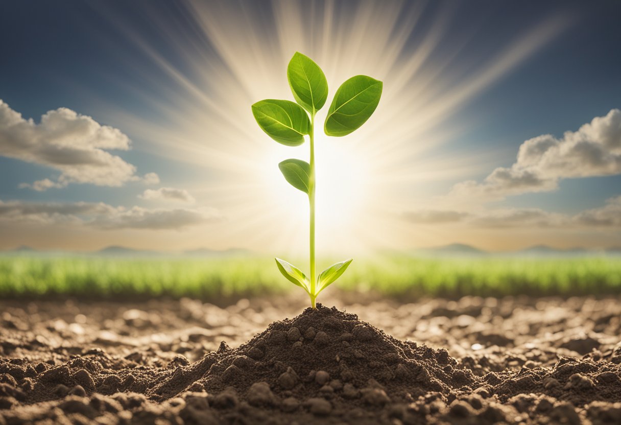 A sprouting seed breaking through the soil, reaching towards the sunlight, symbolizing personal growth for a male cancer thriver
