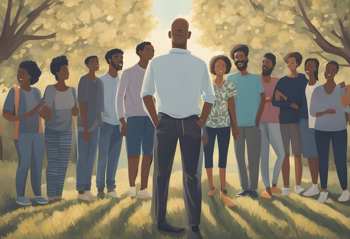 A man stands surrounded by supportive friends and family, symbolizing personal growth and overcoming cancer