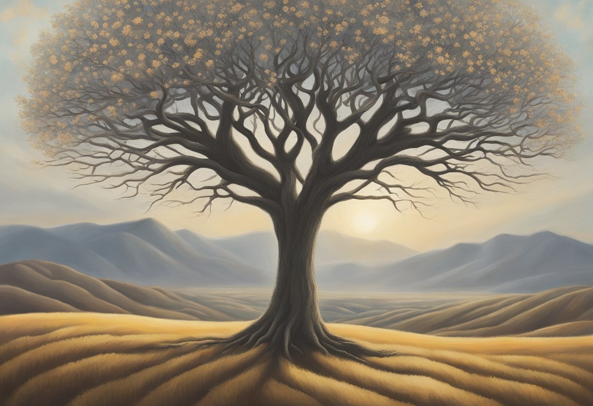 A lone tree stands tall, its branches reaching towards the sky. Surrounding it, a barren landscape begins to bloom with new life, symbolizing personal growth and the journey towards emotional healing and resilience