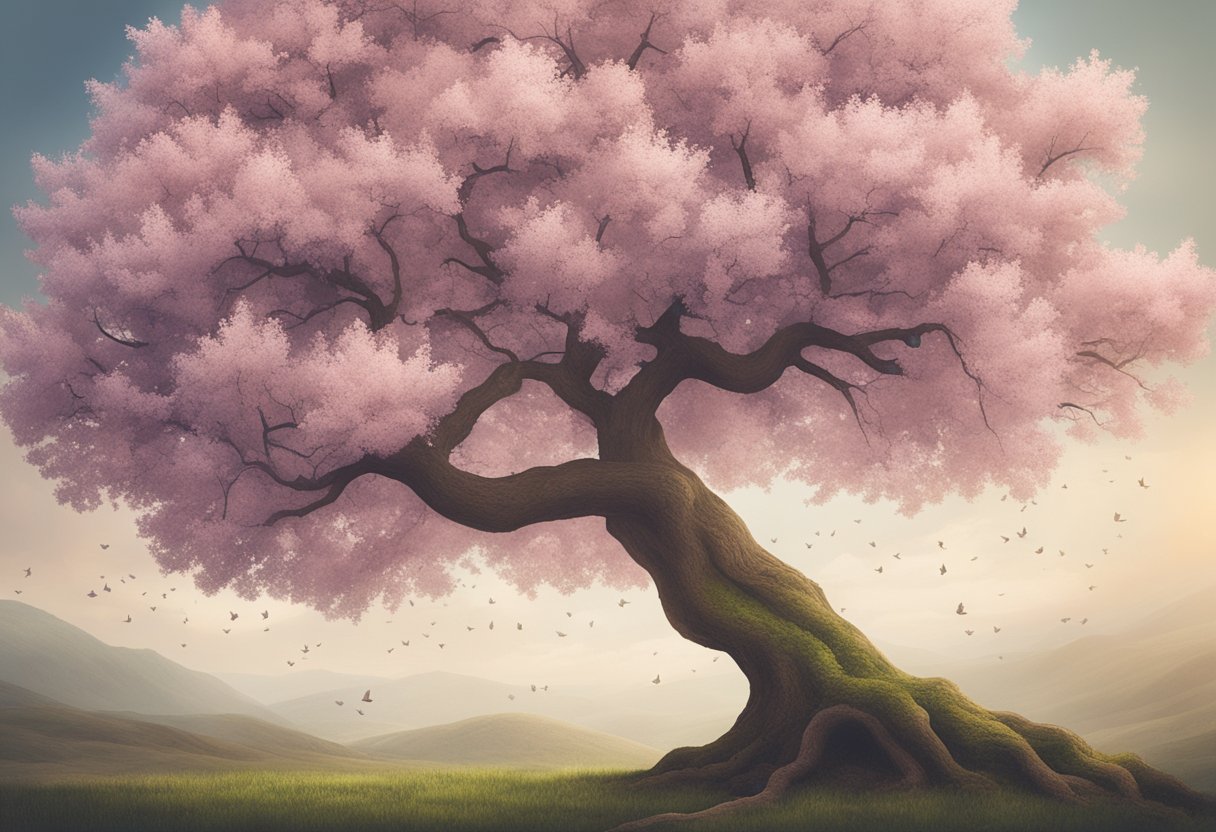A blooming tree with a broken branch growing back, symbolizing personal growth and resilience in the face of cancer