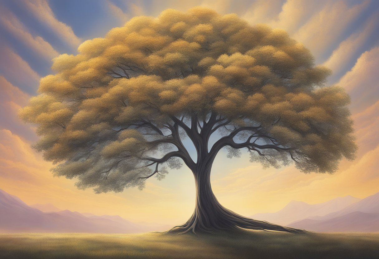 A lone tree stands tall, symbolizing personal growth. A ribbon in the color of the cancer awareness is tied around its trunk, representing the male cancer thriver's journey