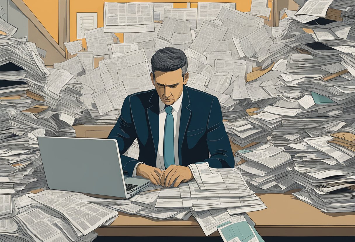 A man sits at a desk, surrounded by paperwork and a laptop. He looks determined as he navigates through insurance complexities, striving to improve the quality of life during and after cancer