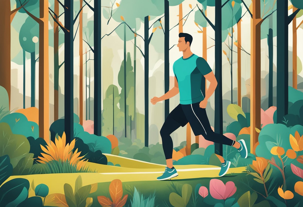 A man in active wear exercises outdoors, surrounded by vibrant nature