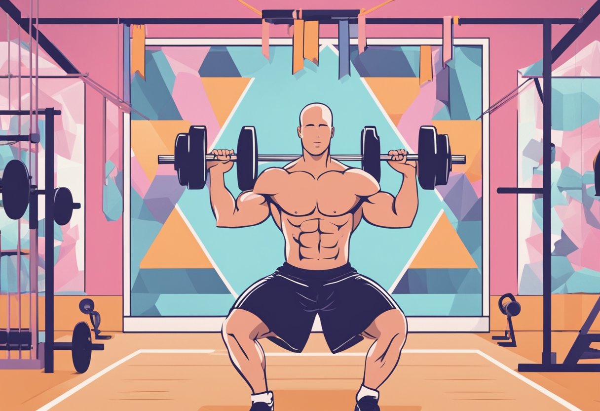 A man in workout clothes, surrounded by cancer awareness ribbons, lifting weights in a gym