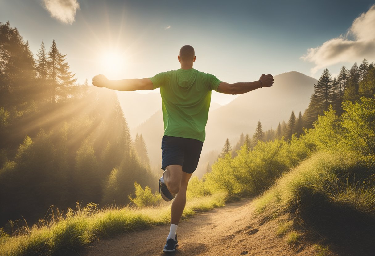 A male figure engages in exercise, surrounded by nature and sunlight. He exudes strength and vitality, representing the benefits of physical activity for male cancer survivors
