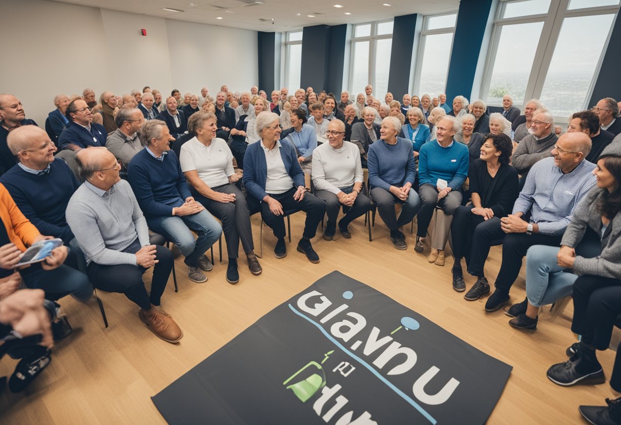 A male cancer thriver engages in a lively debate on physical activity, surrounded by supportive peers and experts