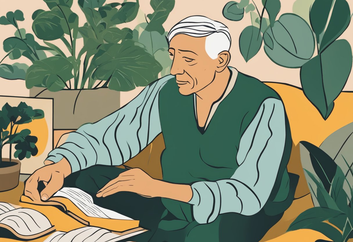 A cancer warrior engages in self-care routines: meditation, exercise, and journaling, surrounded by calming elements like plants and soothing music