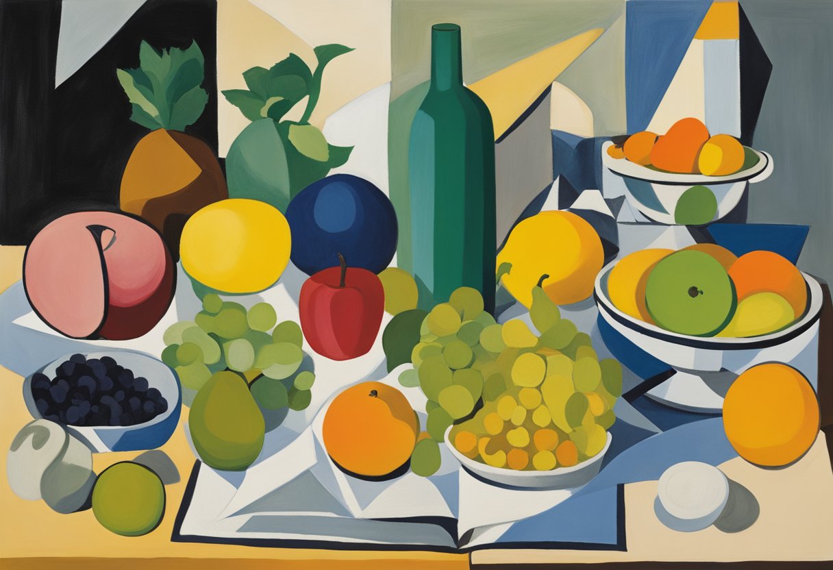 A table set with colorful fruits, vegetables, and lean proteins. A water bottle and vitamin supplements nearby. A journal for tracking meals and symptoms