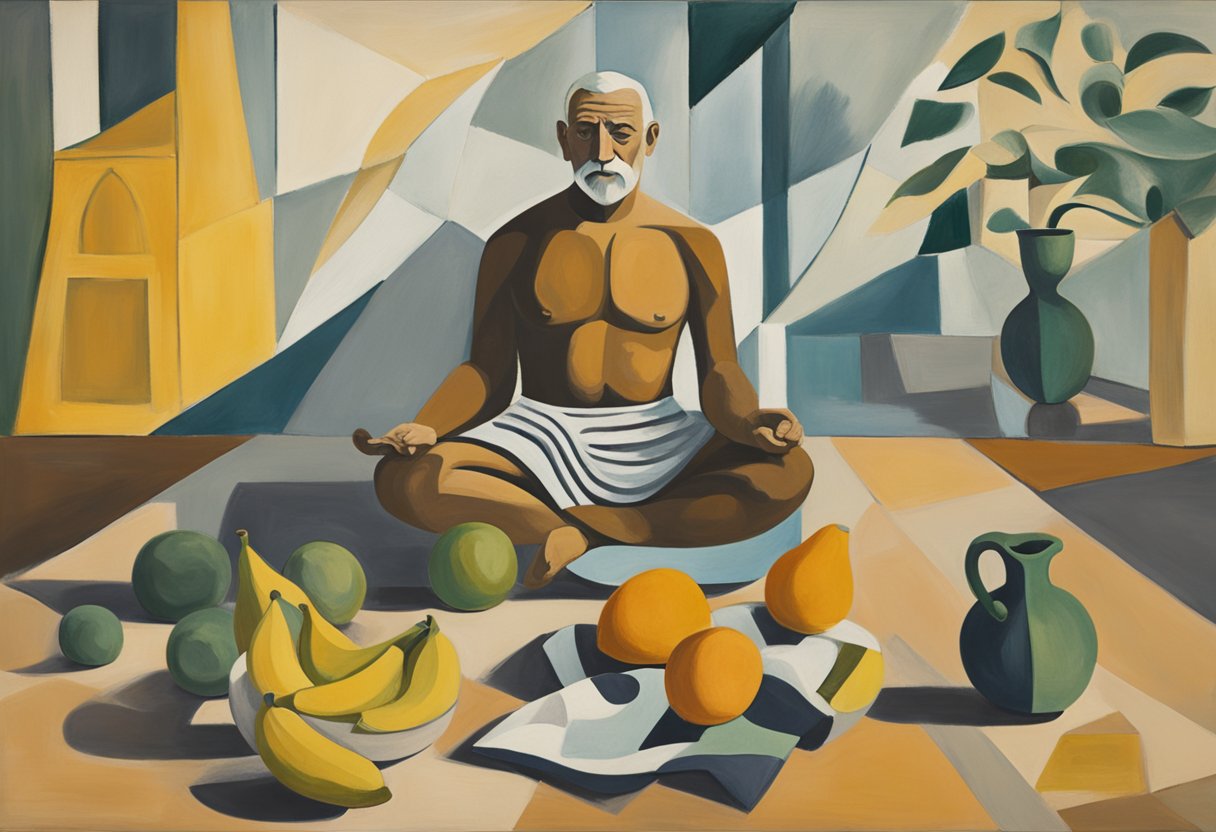 A male cancer warrior engages in self-care routines: meditation, exercise, healthy eating, and rest. A serene environment with a yoga mat, weights, and a bowl of fruits