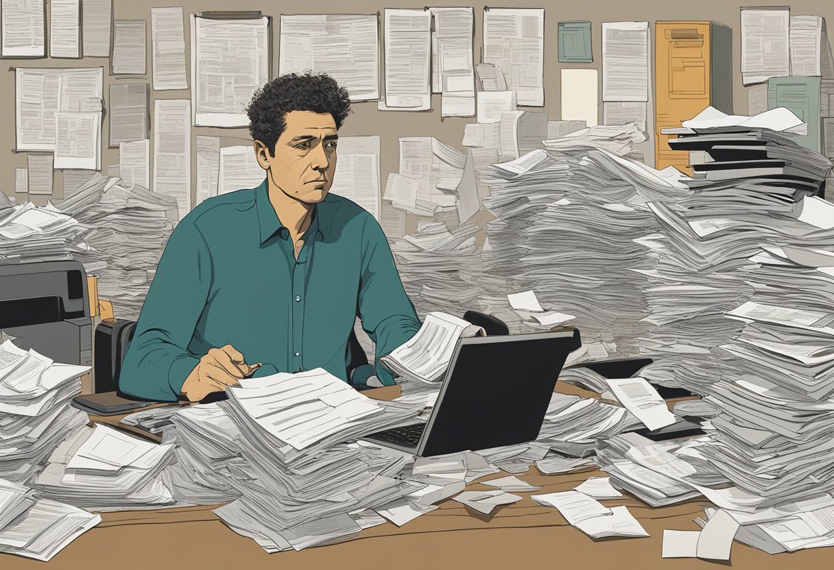 A man sits at a cluttered desk, surrounded by paperwork and a computer screen. He looks determined as he navigates through insurance documents, with a sense of urgency and purpose in his eyes