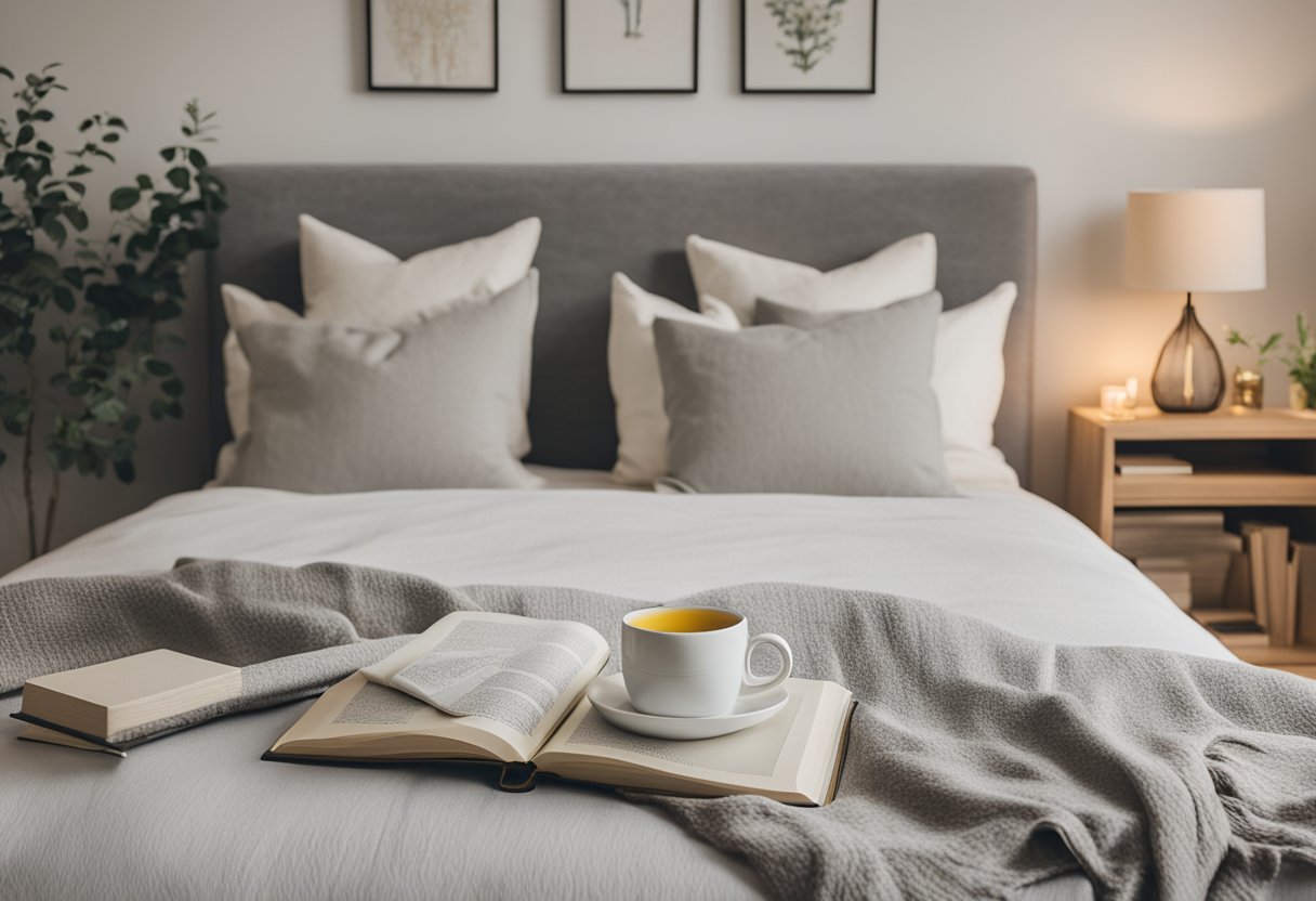 A peaceful sleeping environment with a glowing moon, serene atmosphere, and a sense of emotional well-being