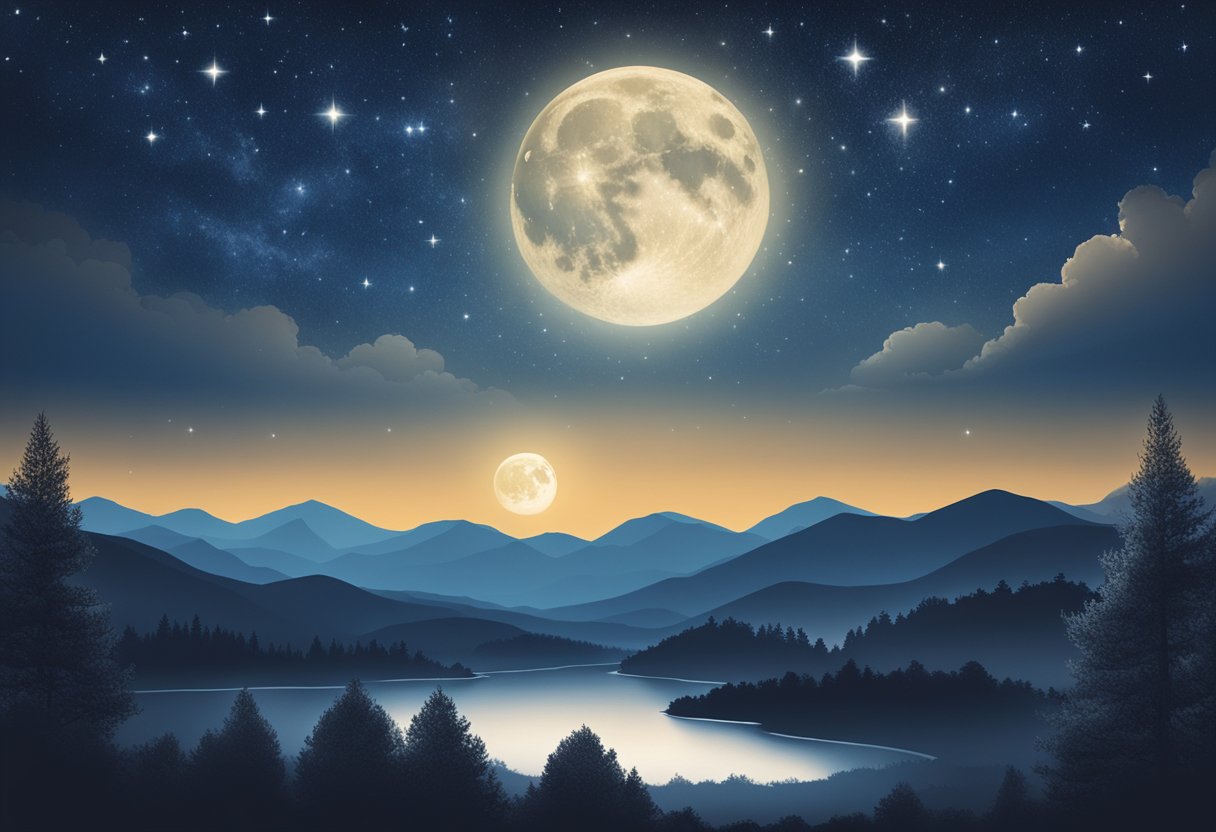 A peaceful night sky with a glowing moon above a serene landscape, symbolizing hope and resilience in the face of cancer survivorship