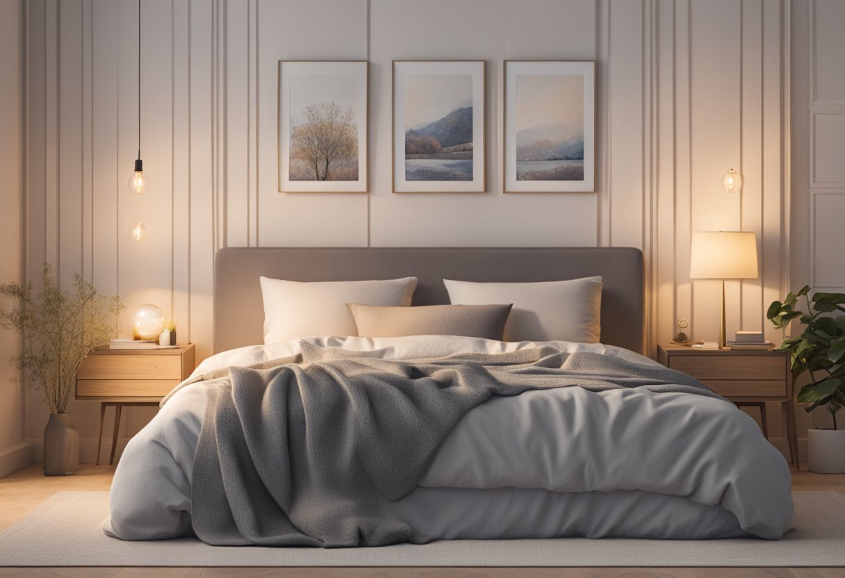 A peaceful bedroom with a cozy bed, soft pillows, and warm lighting. A book about emotional well-being and a journal sit on the nightstand