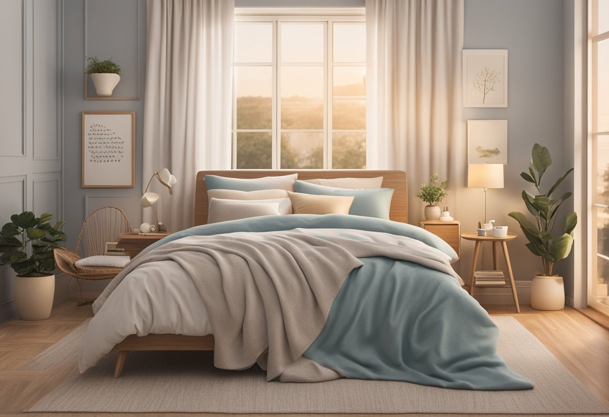 A peaceful bedroom with soft lighting and a cozy bed, surrounded by comforting elements like a book, a cup of tea, and soothing music