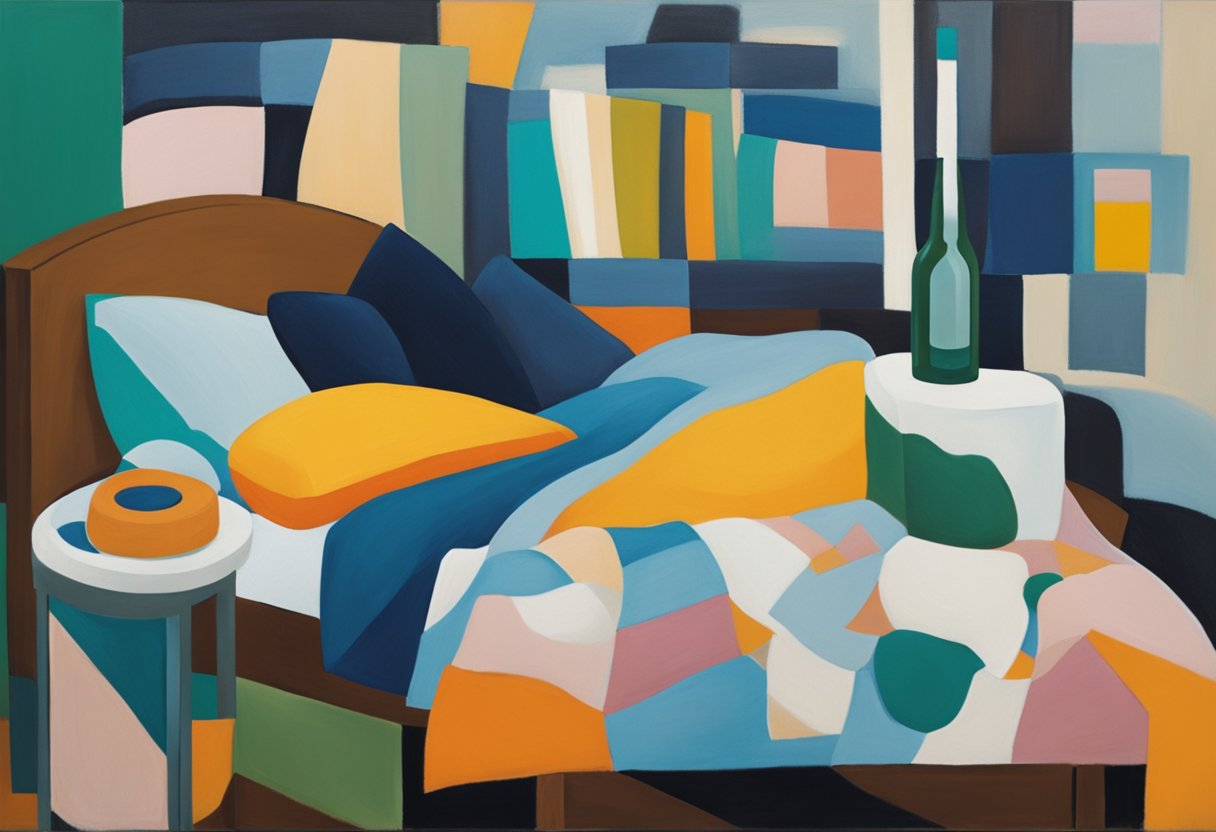 A peaceful figure resting in a comfortable bed, surrounded by soft pillows and blankets. A bottle of pain medication sits on the bedside table, along with a book and a glass of water