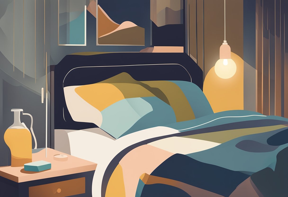 A cozy bedroom with a dimly lit lamp, a comfortable bed, and a nightstand with medication and a glass of water