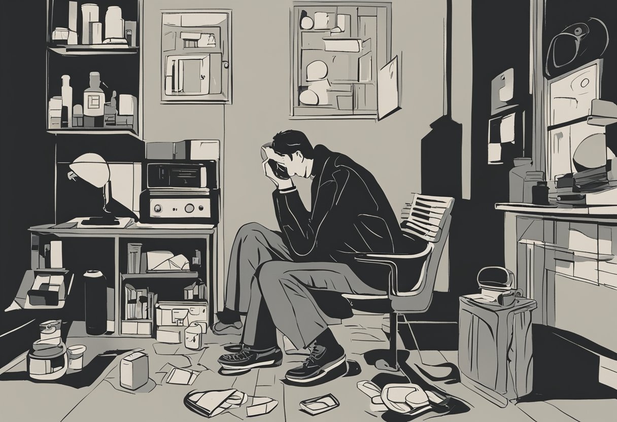 A man sits in a dimly lit room, clutching his chest in discomfort. A clock on the wall shows it's the middle of the night, suggesting he struggles with sleep. A pill bottle and a heating pad are nearby, indicating his efforts