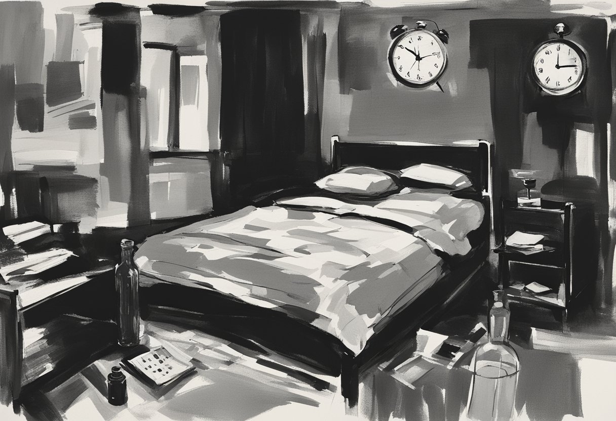 A dark bedroom with a single bed, a bedside table with a lamp, and a clock. A journal and pen sit on the table, and a bottle of pain medication is visible