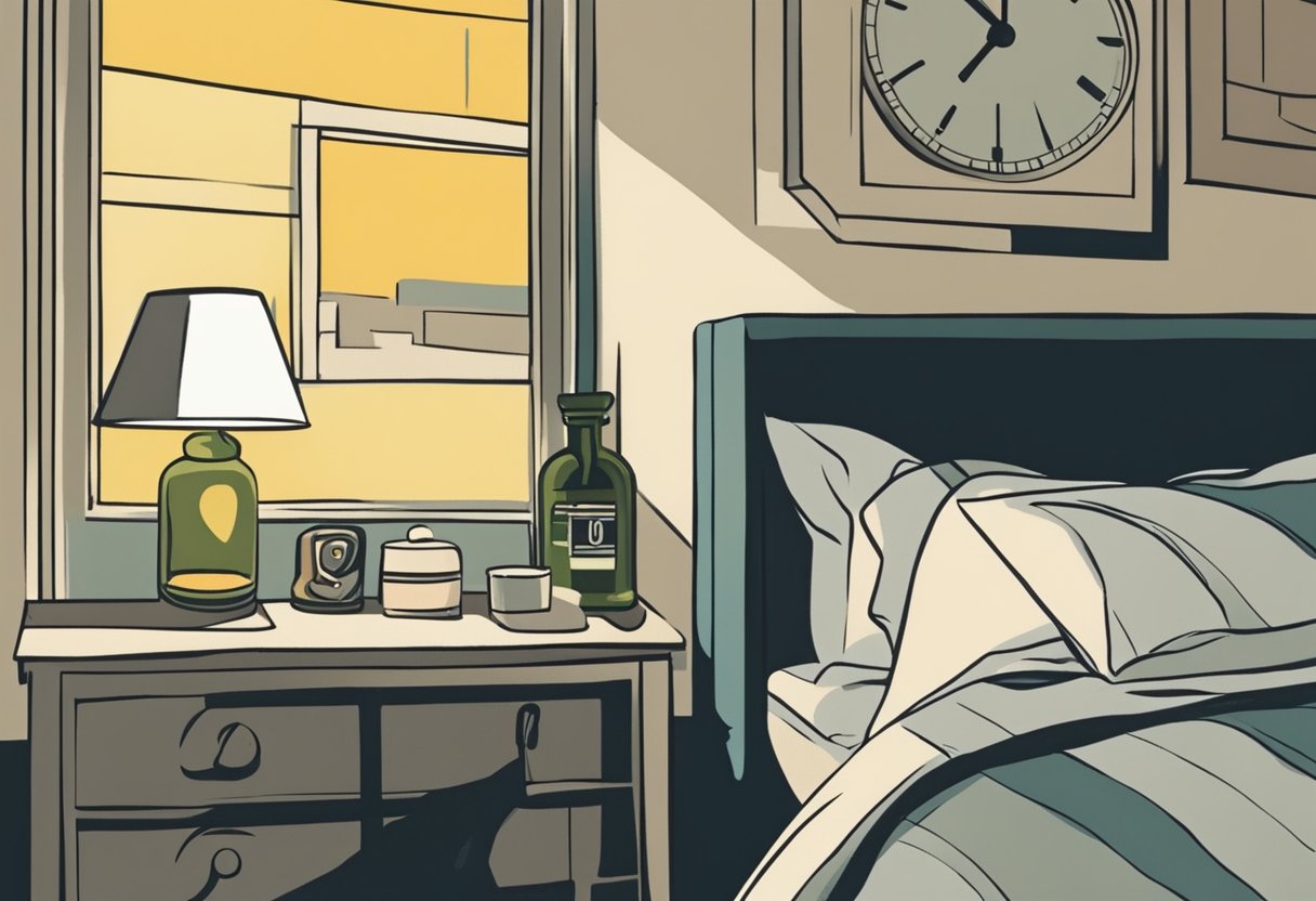 A peaceful bedroom with a clock showing 10:00 PM, a dim night light, and a bottle of hormone medication on the nightstand