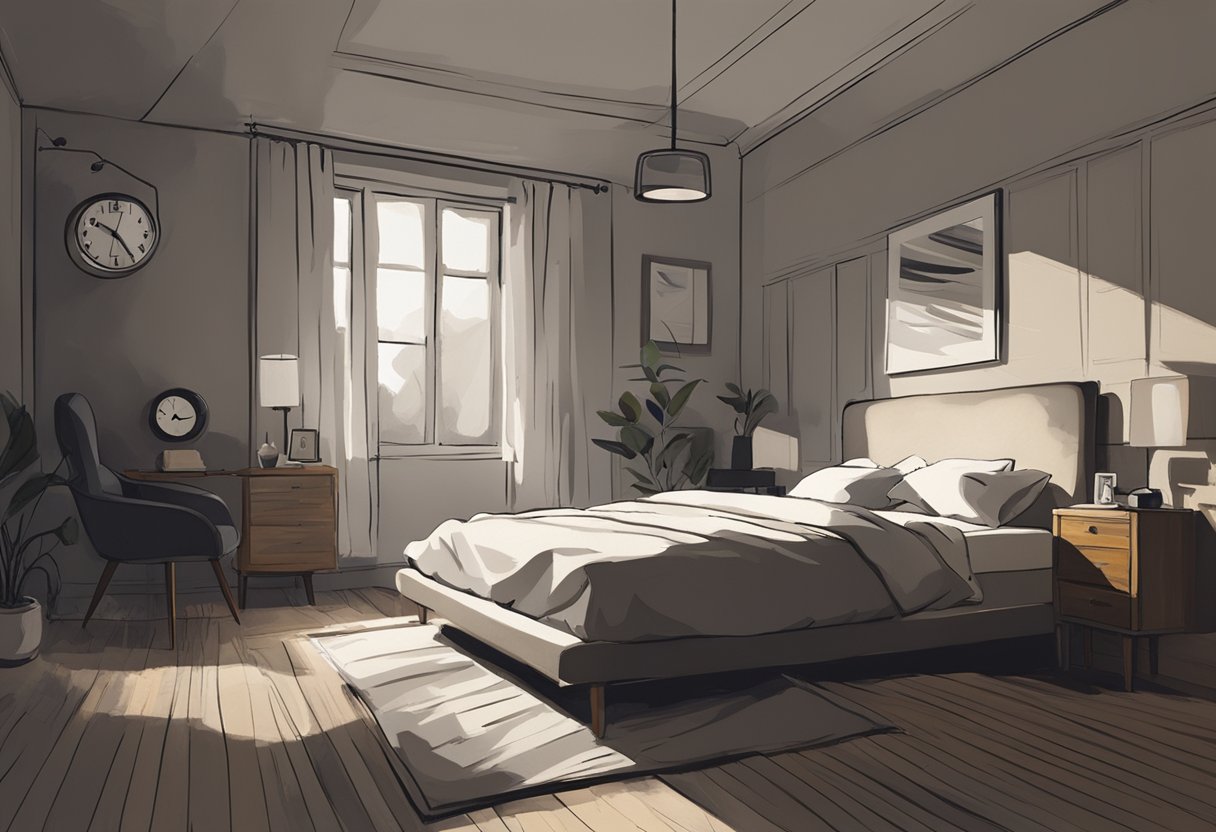 A peaceful bedroom with a dimly lit lamp, a cozy bed, and a clock showing a late hour. A sense of calm and relaxation fills the room