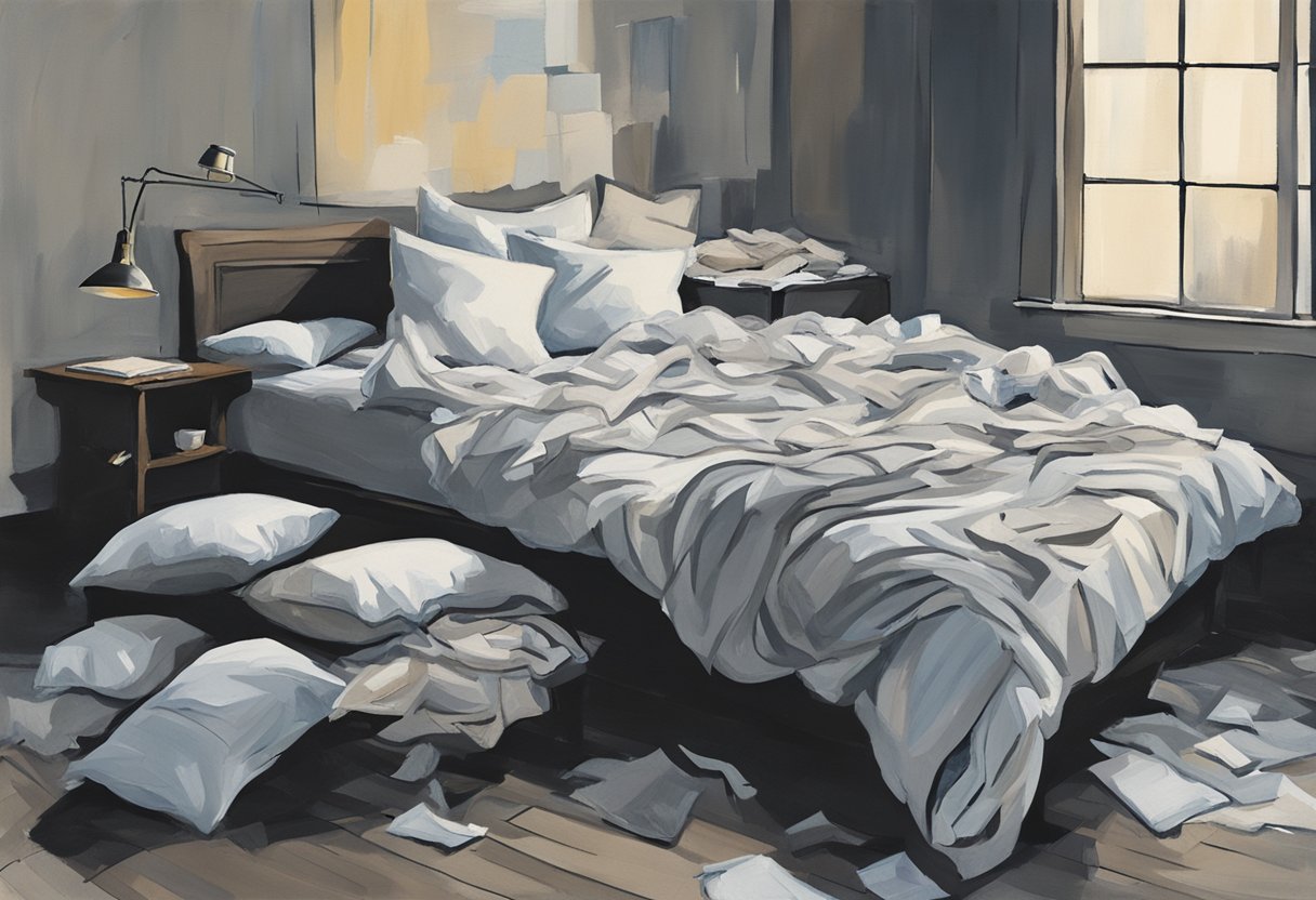 A disheveled bed with scattered pillows and a clock showing 3am. A tangled mess of sheets and a half-empty glass of water on the nightstand