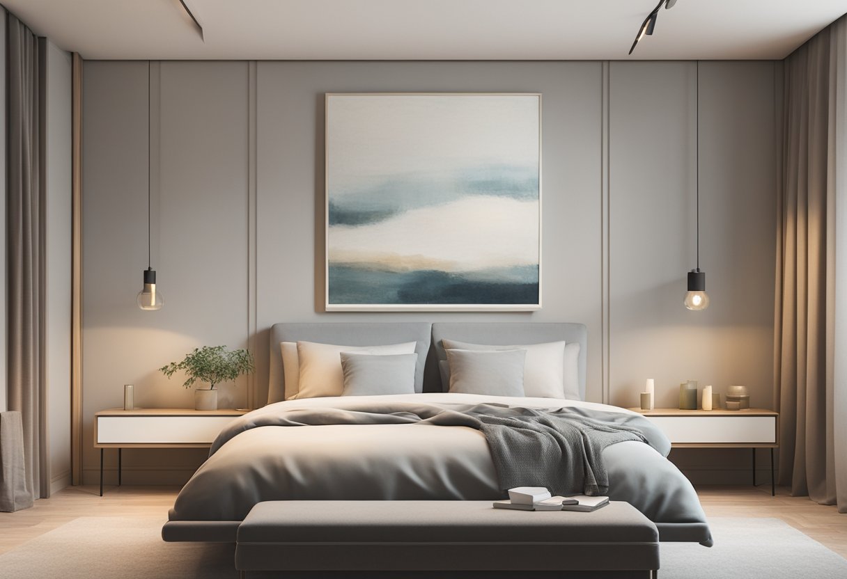 A calm, serene bedroom with soft lighting and a comfortable bed. A soothing atmosphere with gentle colors and minimal clutter