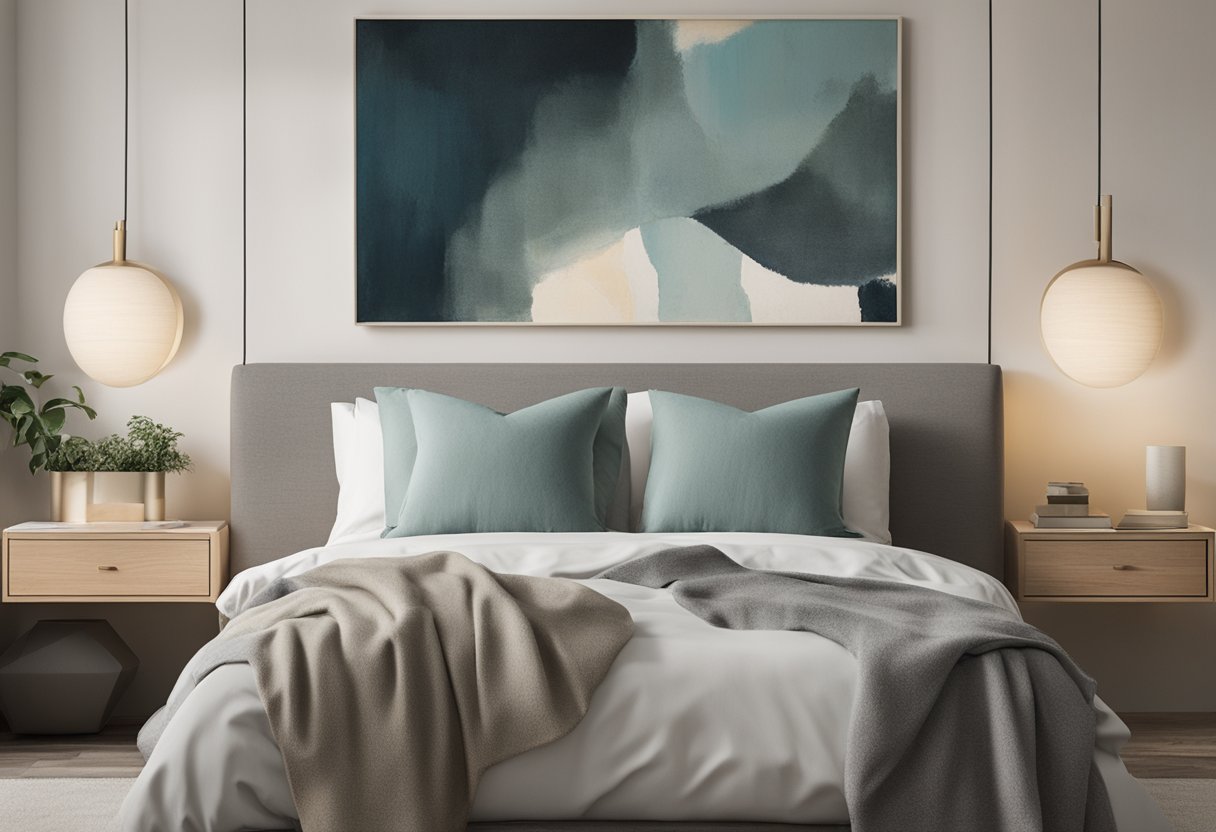 A serene bedroom with dim lighting, a cozy bed, and a soothing color palette. A book on stress management sits on the nightstand