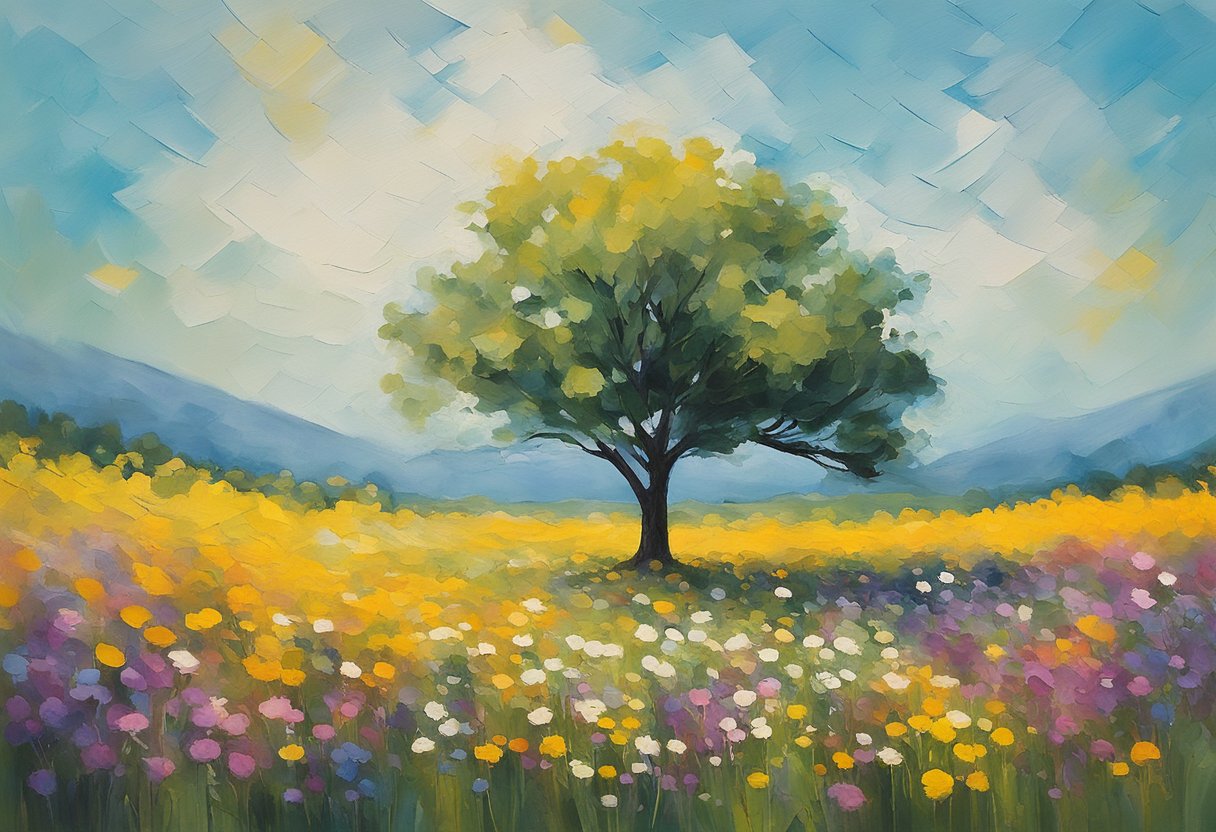 A lone tree stands tall amidst a field of wildflowers, symbolizing strength and resilience in the face of adversity