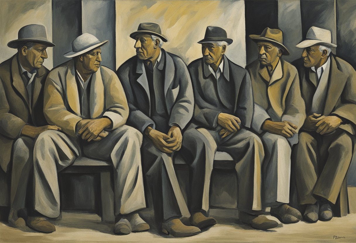 A group of men gather, sharing stories and support. A symbol of strength and resilience is prominent. The atmosphere is one of empowerment and unity