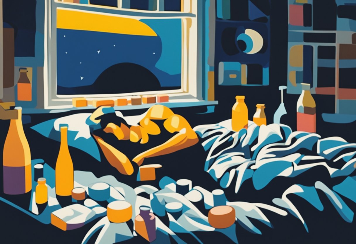 A man lies in bed, surrounded by pill bottles and a sleep mask. Moonlight filters through the window, casting shadows on the room