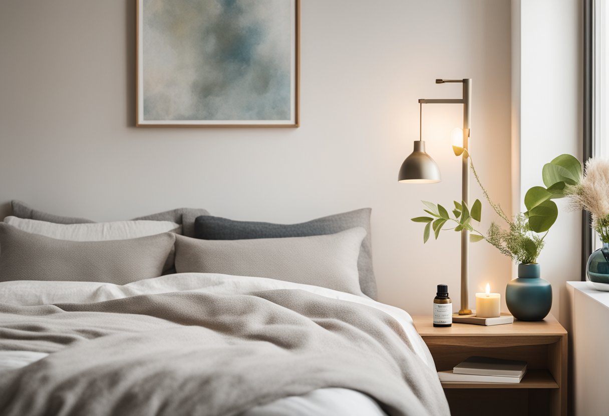 A peaceful bedroom with soft lighting, a comfortable bed, and calming decor. A journal and pen sit on the bedside table, along with a soothing essential oil diffuser