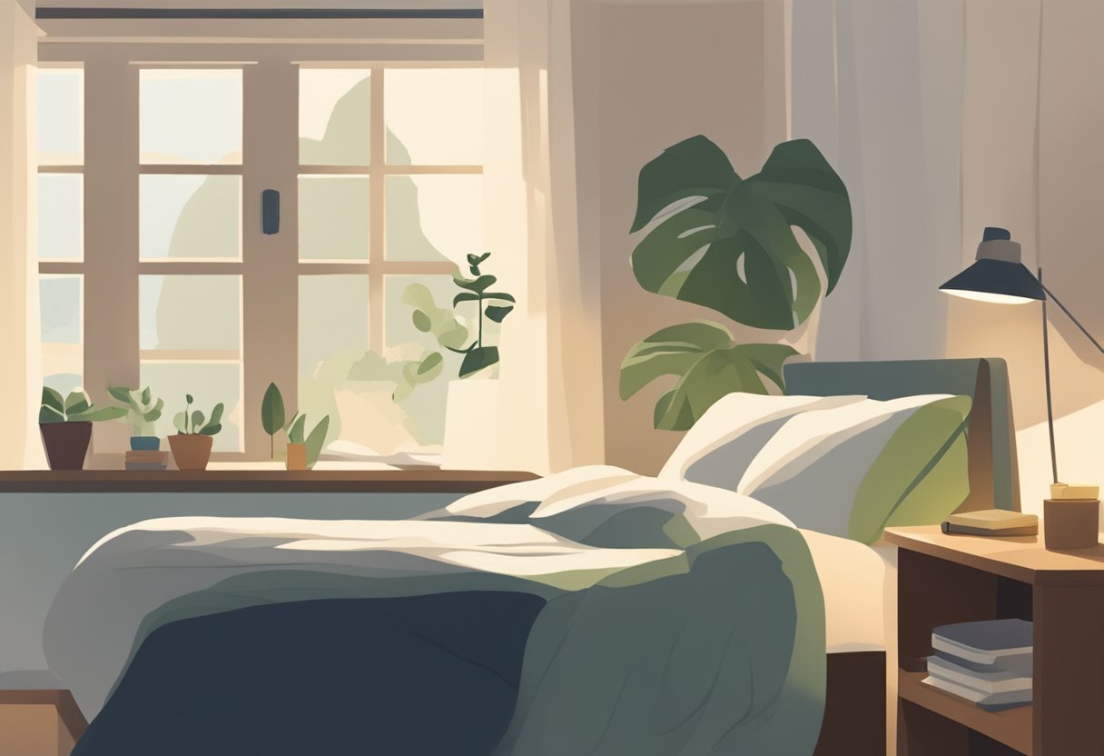 A peaceful bedroom with soft lighting, a cozy bed, and a journal on the nightstand. A plant sits on the windowsill, and a book about healthy living is open on the bedside table